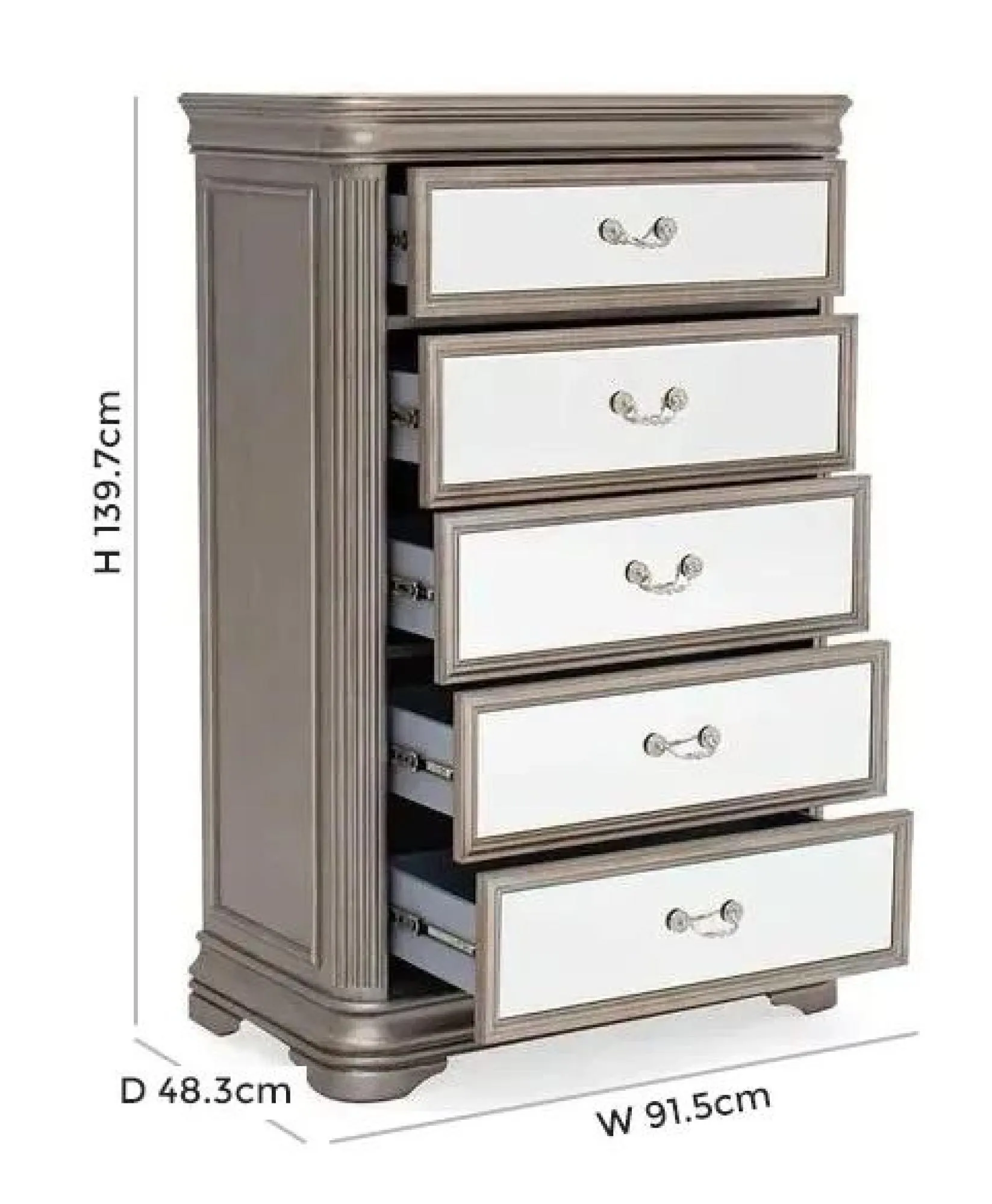 Jessica 5 Drawer Tall Chest - Champagne, Mirrored
