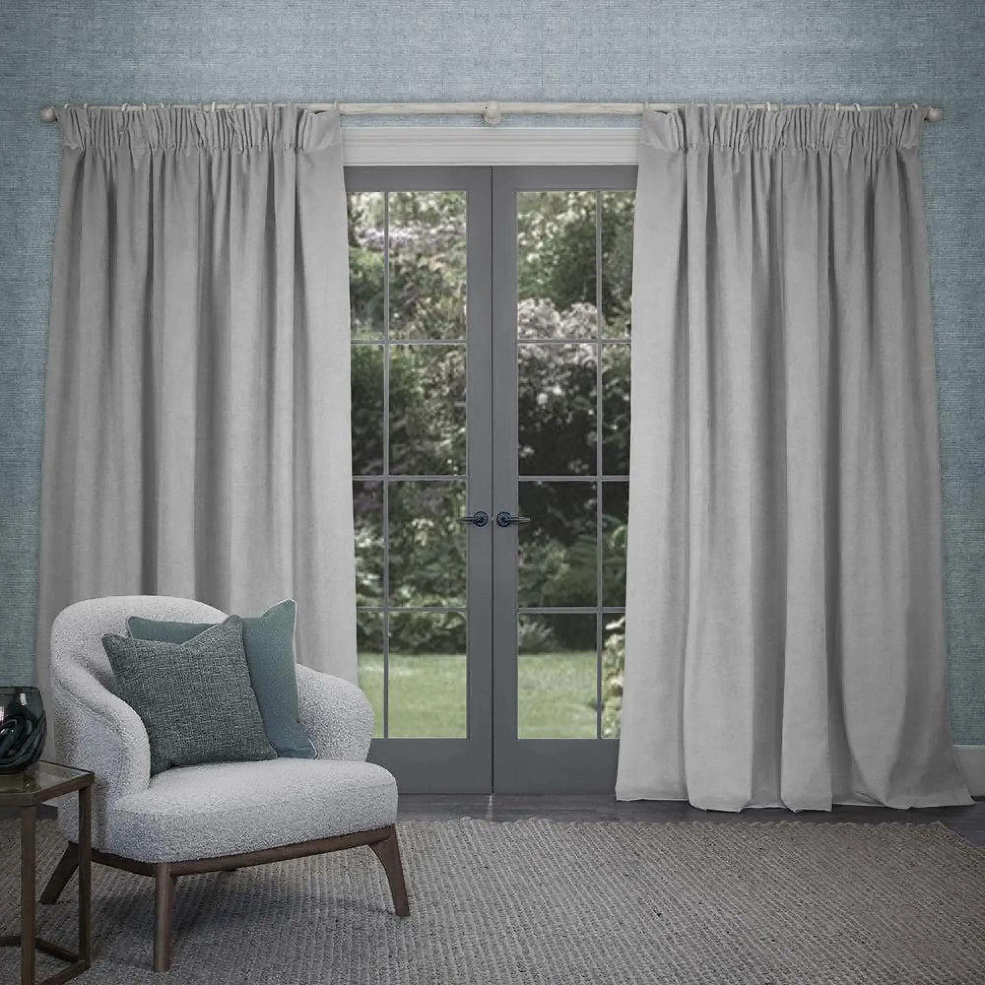 Cube Pencil Pleat Curtains - Aluminium, Velvet