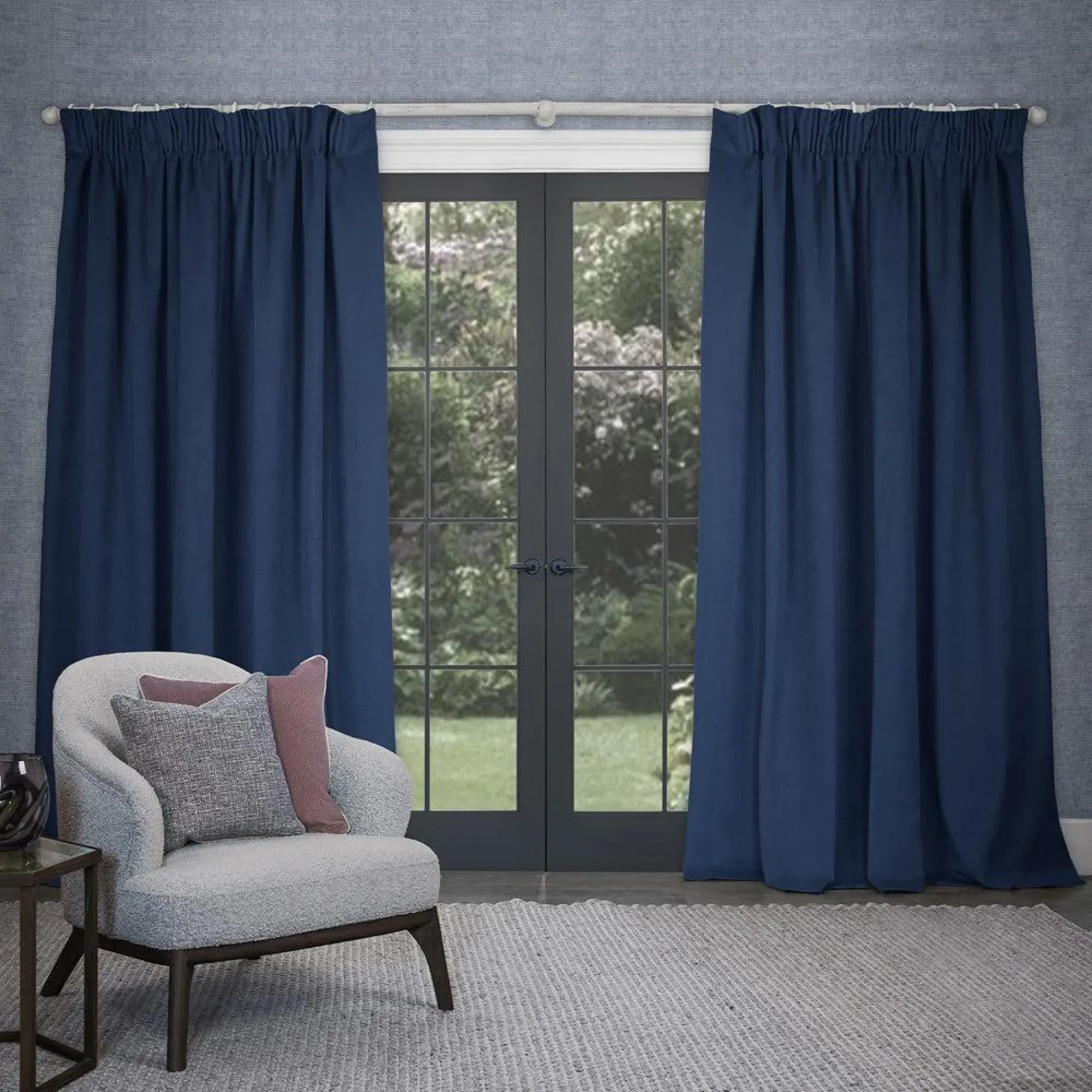 Cube Pencil Pleat Curtains - Bluebell, Velvet