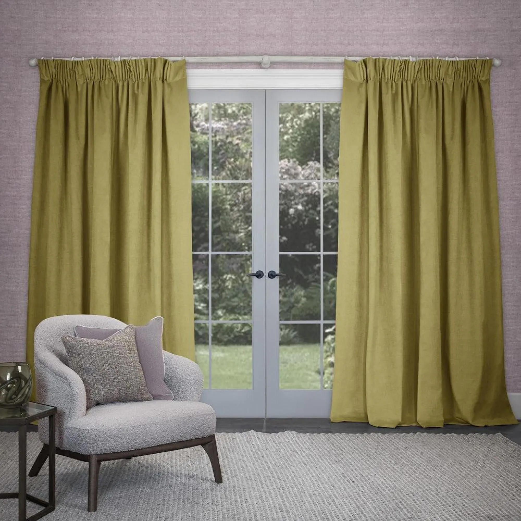 Cube Pencil Pleat Curtains - Mustard, Velvet