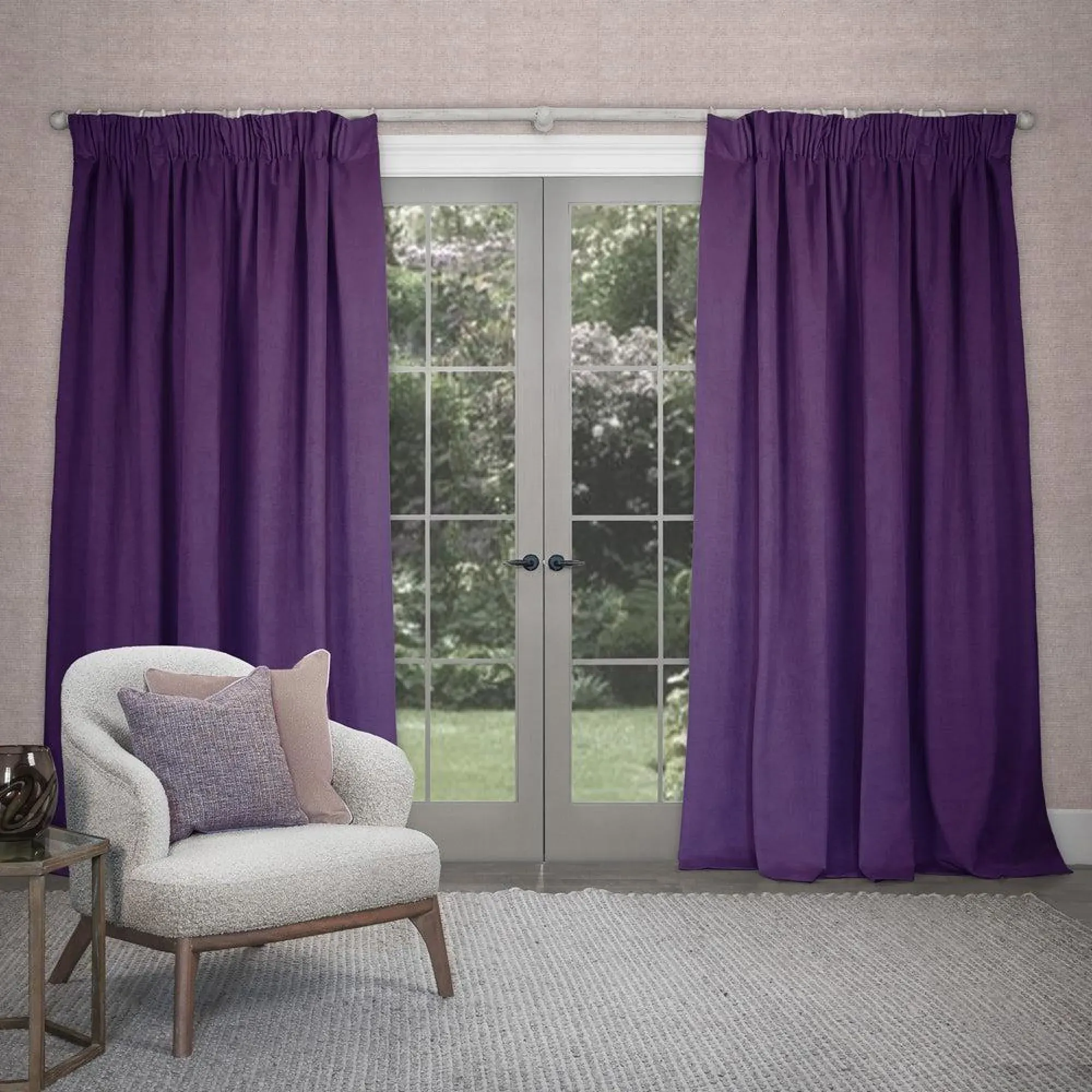 Cube Pencil Pleat Curtains - Plum, Velvet