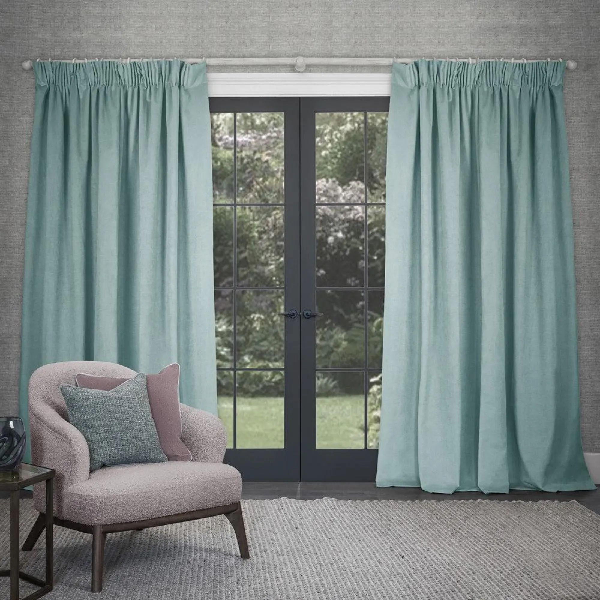 Cube Pencil Pleat Curtains - Sky, Velvet