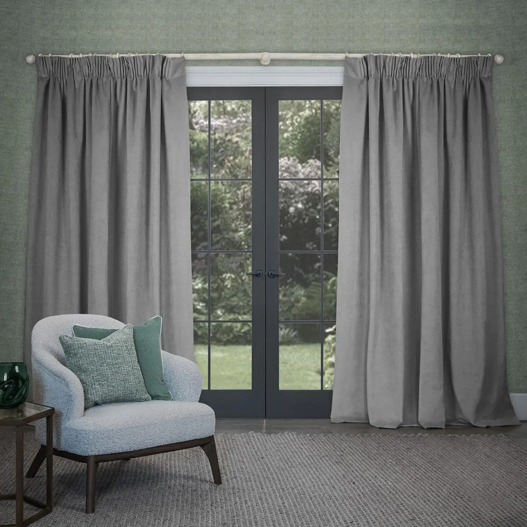 Cube Pencil Pleat Curtains - Steel, Velvet