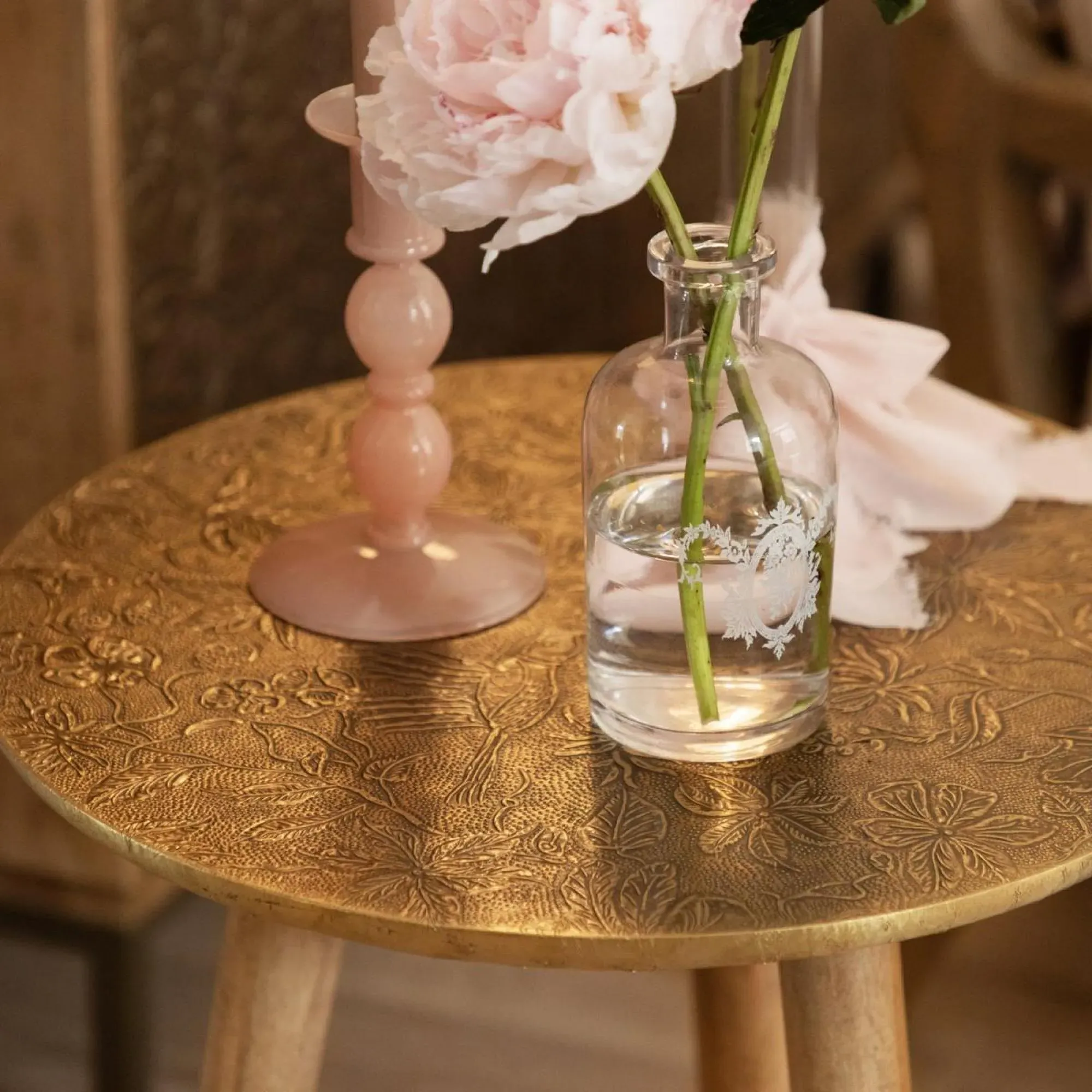 Isadora Embossed Side Table - Antique Brass