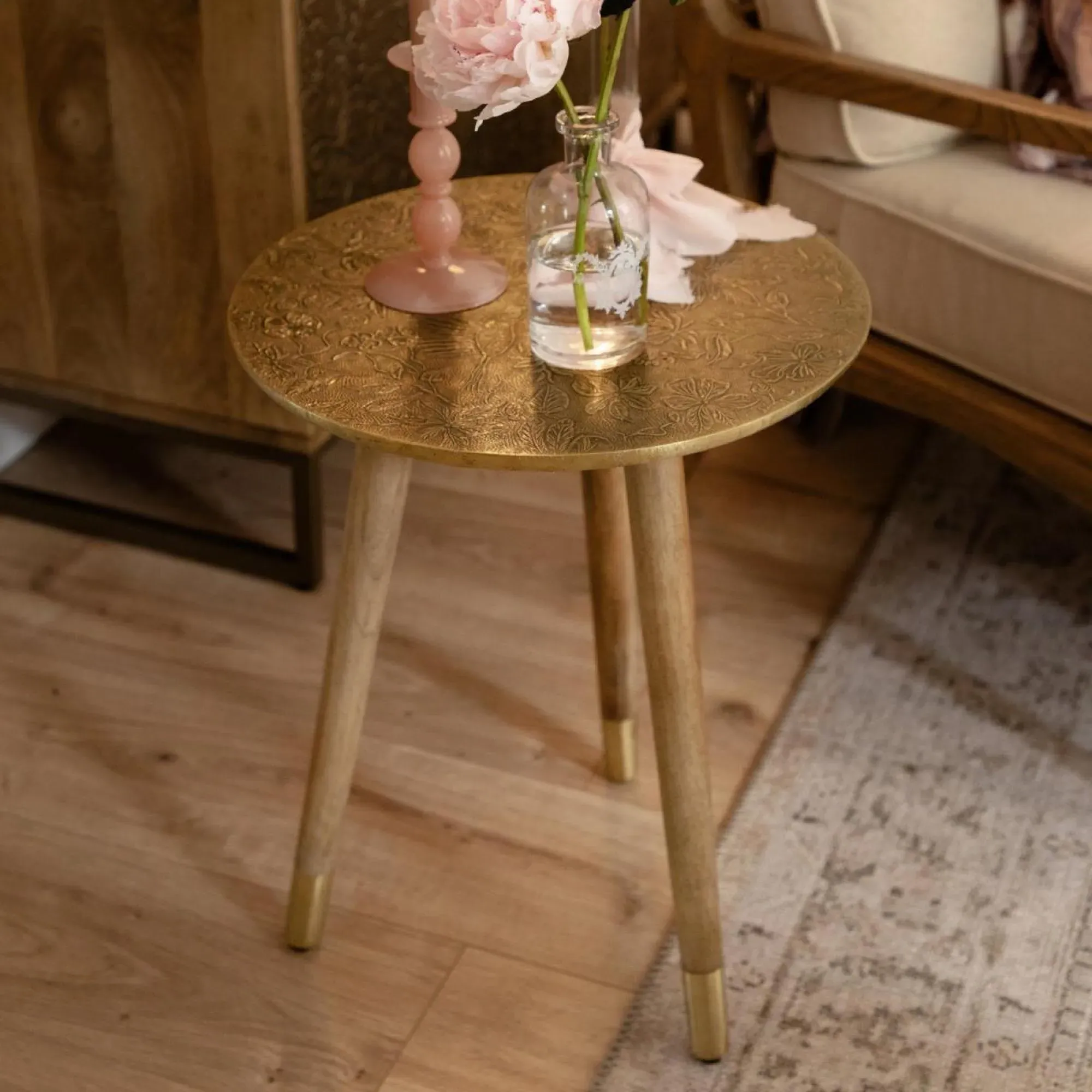Isadora Embossed Side Table - Antique Brass