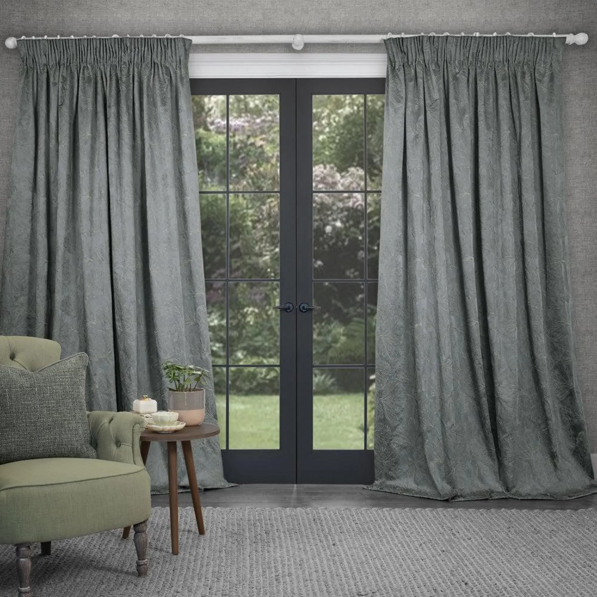 Sitara Embroidered Pencil Pleat Curtains - Lead
