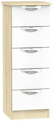 Camden 5 Drawer Narrow Chest - White Gloss, Oak Effect image