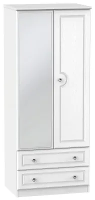 Crystal 2 Door 2 Drawer Mirror Wardrobe - White Ash