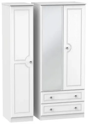 Crystal 3-Door Wardrobe with Mirror and Drawers - White Ash