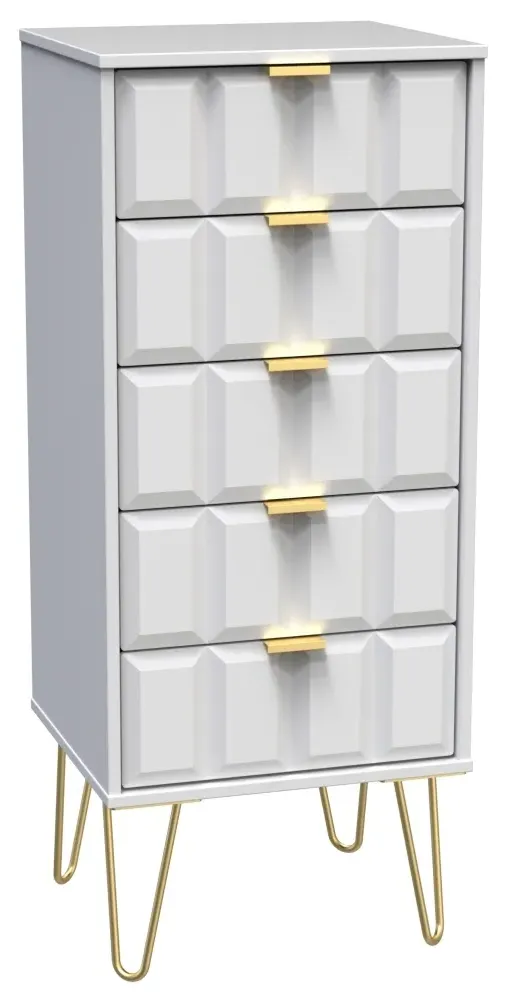 Cube 5 Drawer Narrow Chest with Hairpin Legs - White