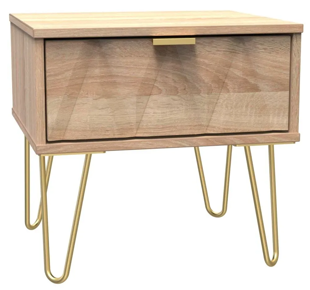 Diamond 1 Drawer Bedside Cabinet with Hairpin Legs - Bardolino Oak