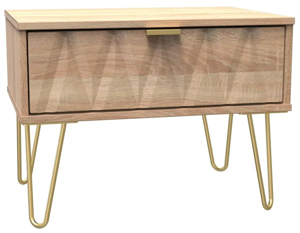 Diamond 1 Drawer Midi Bedside Cabinet with Hairpin Legs - Bardolino Oak