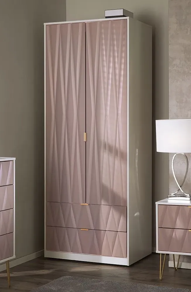 Diamond 2 Door 2 Drawer Tall Wardrobe - Pink, White