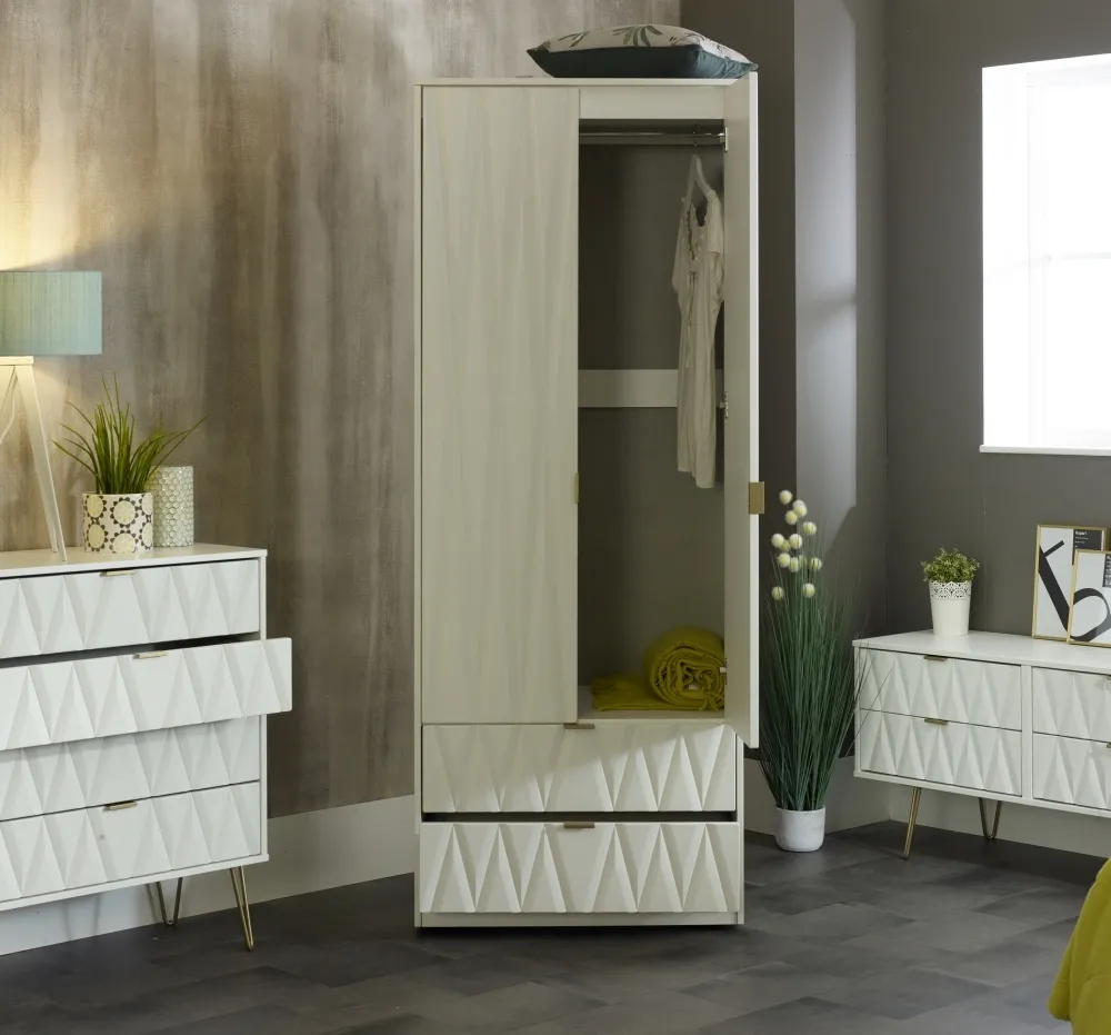 Diamond 2 Door 2 Drawer Tall Wardrobe - White