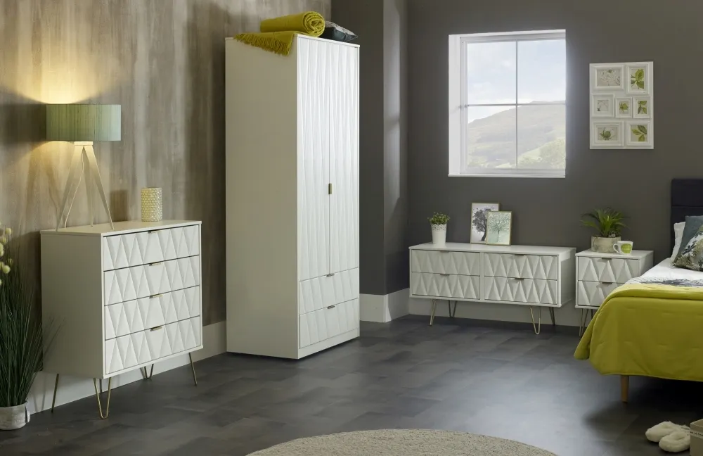 Diamond 2 Drawer Bedside Cabinet with Hairpin Legs - White