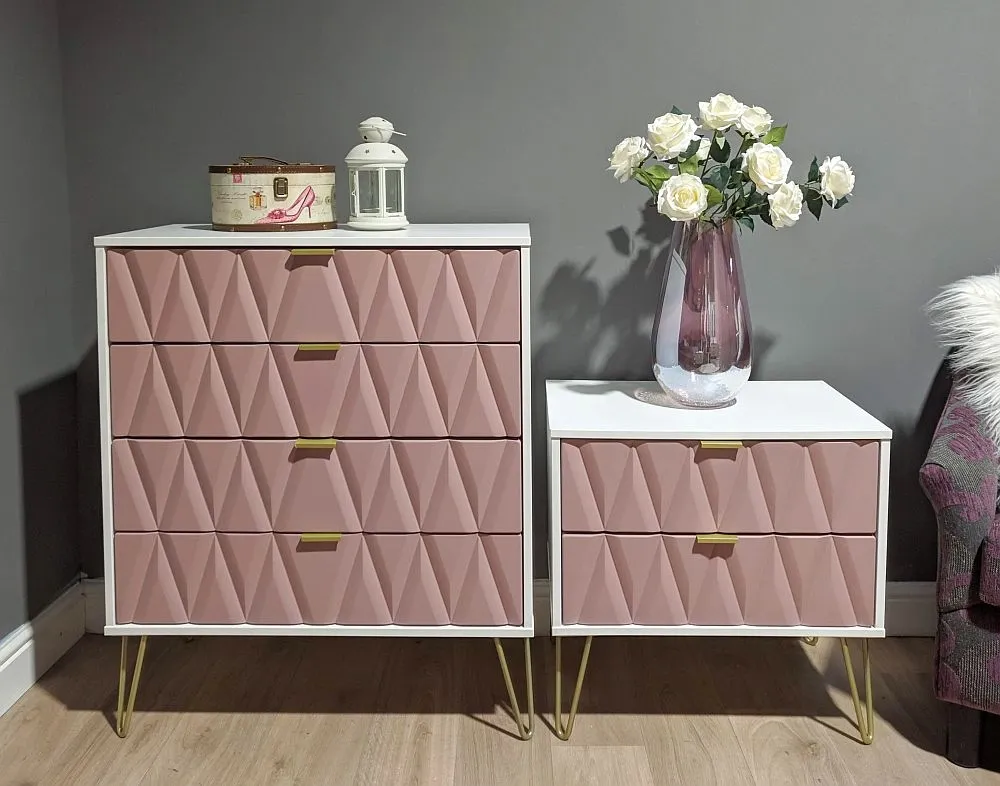Diamond 4 Drawer Chest with Hairpin Legs - Pink, White