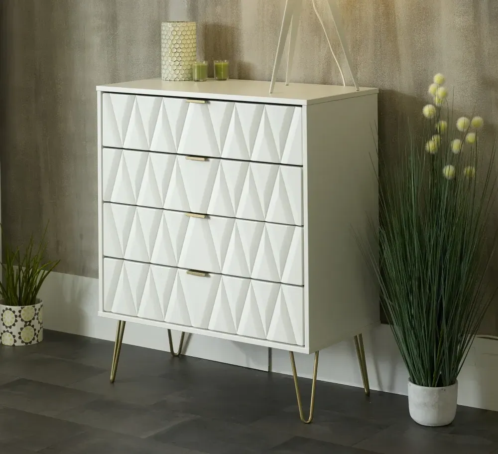 Diamond 4 Drawer Chest with Hairpin Legs - White
