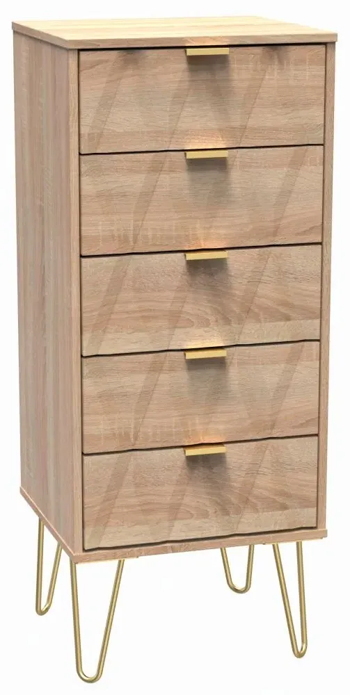 Diamond 5 Drawer Narrow Chest with Hairpin Legs - Oak