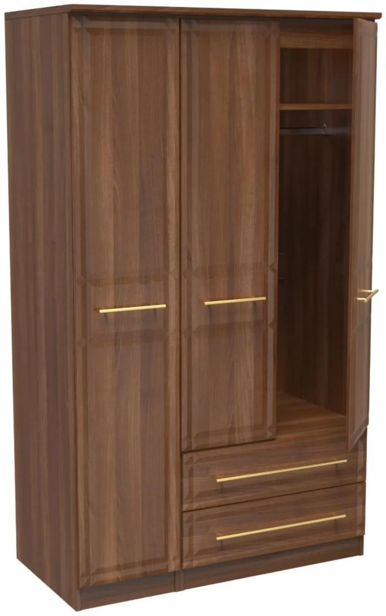 Faye 3-Door Triple Wardrobe with Storage - Walnut