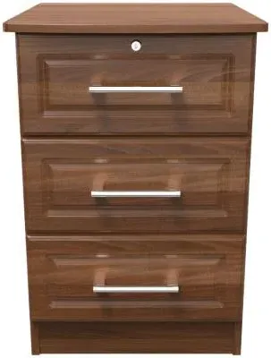 Gina 3 Drawer Bedside Cabinet with Lock - Walnut