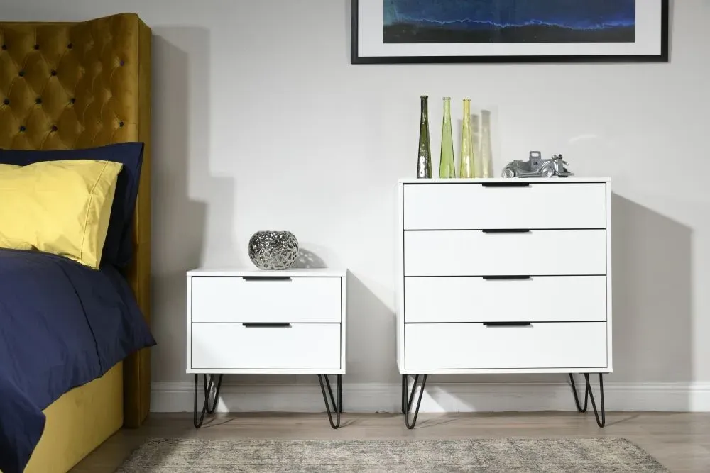 Hong Kong 2 Drawer Bedside Cabinet with Wooden Legs - White