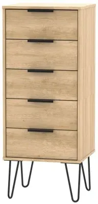 Hong Kong Narrow 5 Drawer Chest with Hairpin Legs - Oak