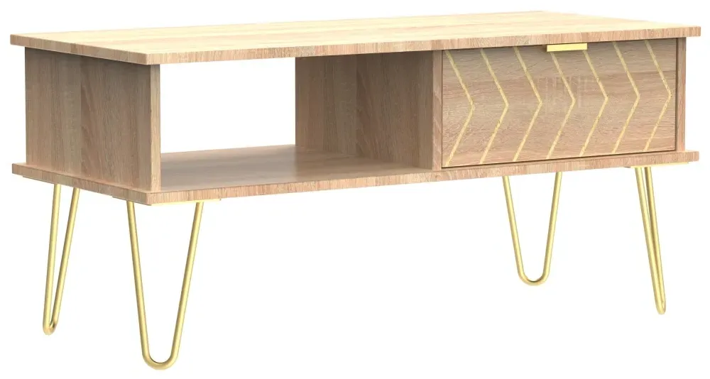 Jigsaw 1 Drawer Coffee Table with Hairpin Legs - Oak