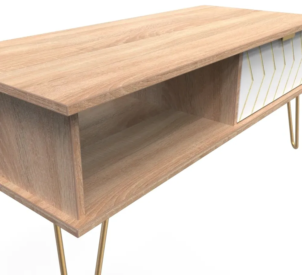 Jigsaw 1 Drawer Coffee Table with Hairpin Legs - White, Oak
