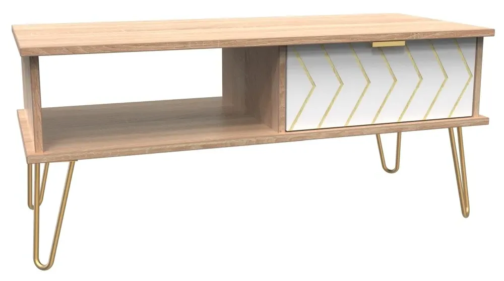 Jigsaw 1 Drawer Coffee Table with Hairpin Legs - White, Oak