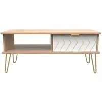 Jigsaw 1 Drawer Coffee Table with Hairpin Legs - White, Oak