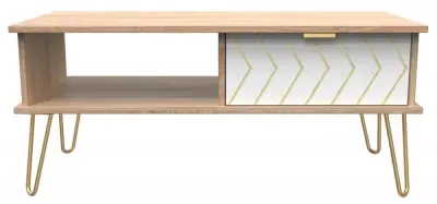 Jigsaw 1 Drawer Coffee Table with Hairpin Legs - White, Oak