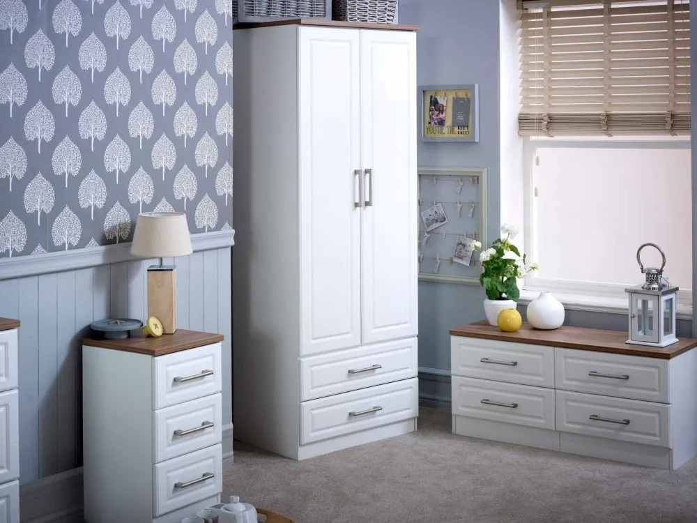Kent 2 Door Double Wardrobe with 2 Drawers - White, Oak