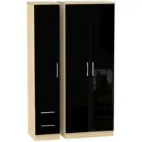 Knightsbridge 3-Door Wardrobe with 2 Drawers - Black, Light Oak