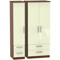 Knightsbridge 3-Door Wardrobe with Drawers - Cream, Walnut