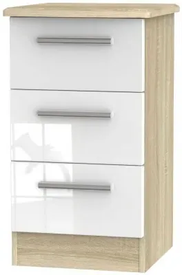 Knightsbridge 3 Drawer Bedside Cabinet - White, Oak Effect