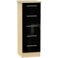 Knightsbridge 5 Drawer Narrow Chest - Black Gloss, Oak