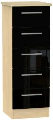 Knightsbridge 5 Drawer Narrow Chest - Black Gloss, Oak