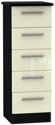 Knightsbridge 5 Drawer Narrow Chest - Cream Gloss, Black