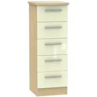 Knightsbridge 5 Drawer Narrow Chest - Cream Gloss, Light Oak