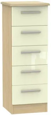 Knightsbridge 5 Drawer Narrow Chest - Cream Gloss, Light Oak