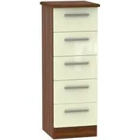 Knightsbridge 5 Drawer Narrow Chest - Cream Gloss, Walnut