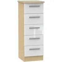 Knightsbridge 5 Drawer Narrow Chest - White Gloss, Light Oak