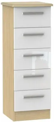 Knightsbridge 5 Drawer Narrow Chest - White Gloss, Light Oak