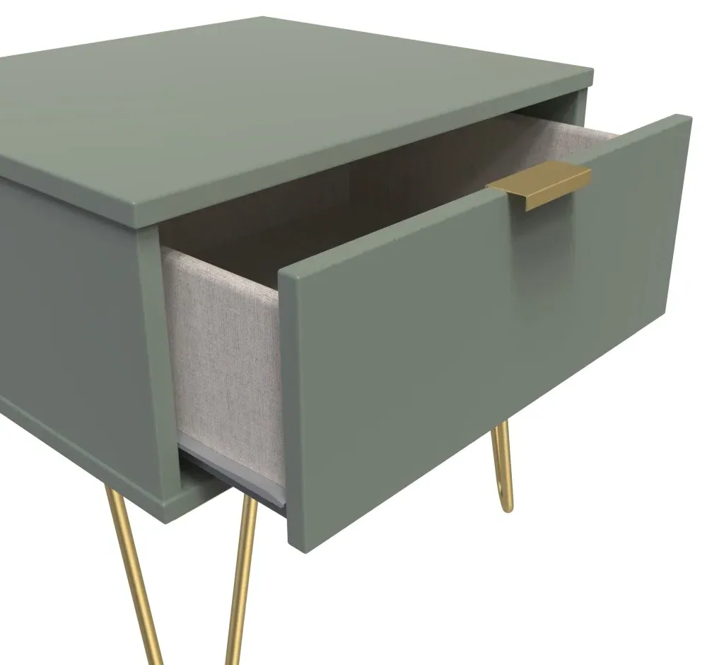Linear 1 Drawer Bedside Cabinet with Hairpin Legs - Reed Green