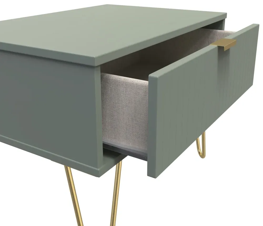 Linear 1 Drawer Wide Bedside Cabinet with Hairpin Legs - Reed Green