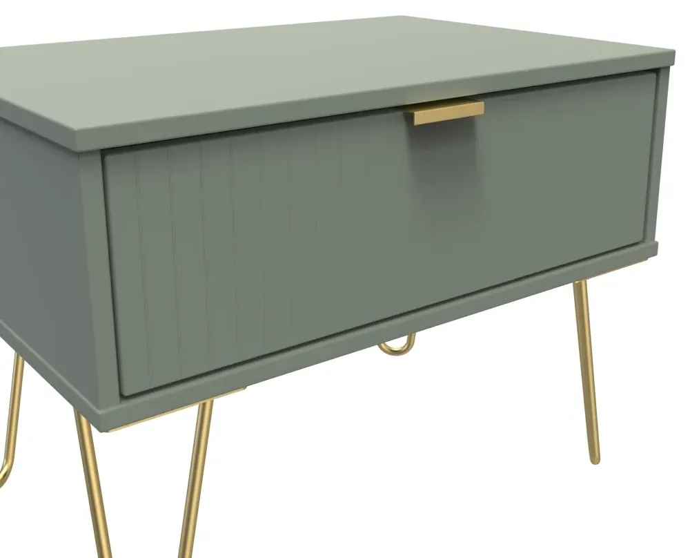 Linear 1 Drawer Wide Bedside Cabinet with Hairpin Legs - Reed Green