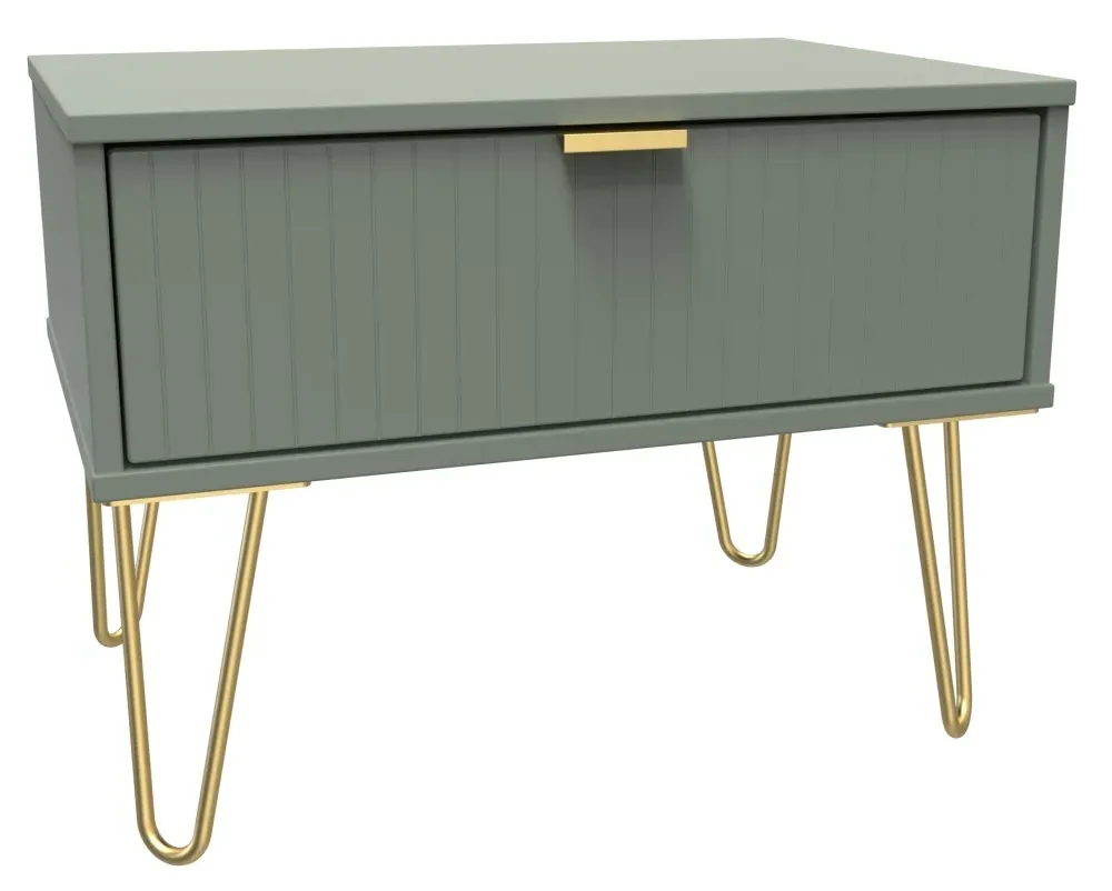 Linear 1 Drawer Wide Bedside Cabinet with Hairpin Legs - Reed Green
