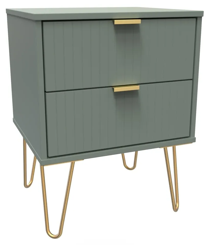 Linear 2 Drawer Bedside Cabinet with Hairpin Legs - Green