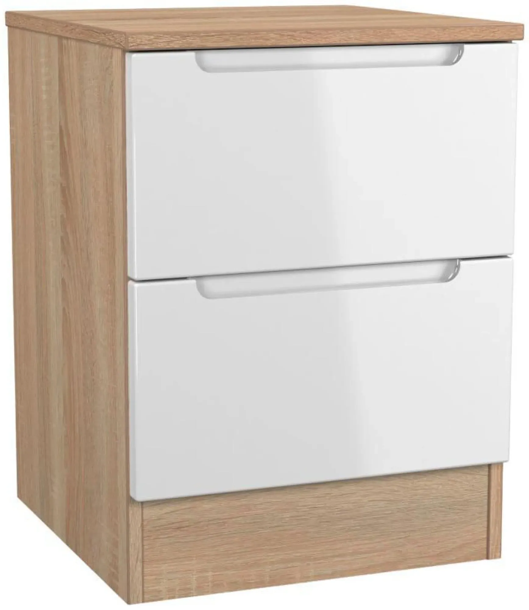 Milan 2 Drawer Bedside Cabinet - White Gloss, Oak Effect