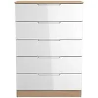Milan 5 Drawer Chest - White Gloss, Oak
